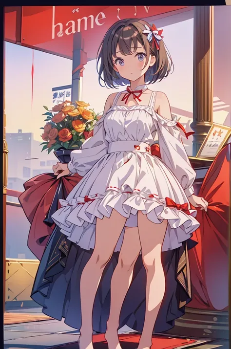 1girl、highest quality、Masterpiece、Official Art、The best composition、Character Design、vtuber-fullbody、Standing in front of the viewer、upright、short hair、barefoot、Smaller breasts、A houndstooth dress with piping、Crossed ribbons on the front of the chest