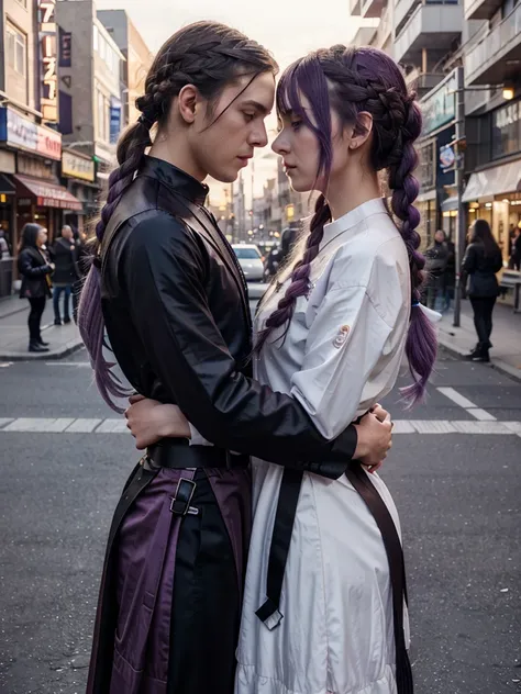 1 girl, 1 boy, braid, looking_at_other, long_hair, purple_eyes, dress, platinum_purple_hair, straight, flower, eye contact, Shiny Purple Black Widow-style outfit, outdoors, very long braided ponytail, gray_hair, from_side, bangs, upper body, long sleeves, ...