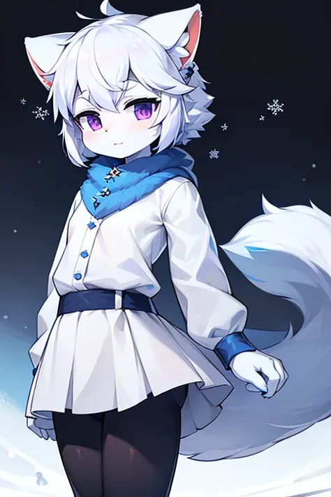 White cat，Prefer cats，Hairy body，skirt，Fluffy，No clothes，Blue Snowflake Hair Accessory，Q version，beautiful，simple art style，Cartoon Style，Standing，Purple Eyes，Blue ear hair, White hair on ear tips，tail blue，Tip white，winter，snow，paw