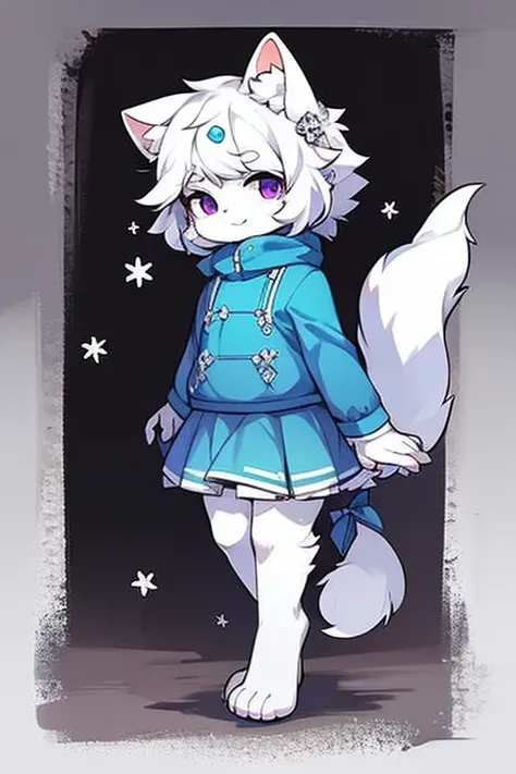 White cat，Prefer cats，Hairy body，skirt，Fluffy，No clothes，Blue Snowflake Hair Accessory，Q version，beautiful，simple art style，Cartoon Style，Standing，Purple Eyes，Blue ear hair, White hair on ear tips，tail blue，Tip white，winter，snow，paw