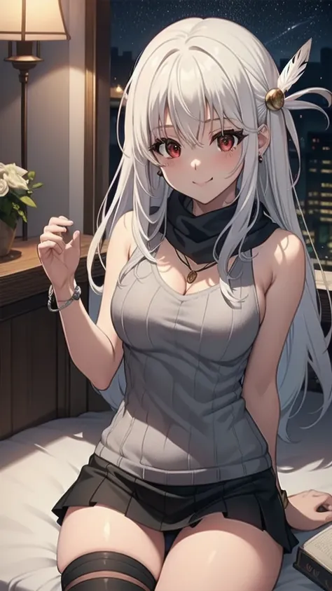 masterpiece, best quality, 1 solo girl, silver hair, red eyes, long hair, medium breasts, sexy body and face, wavy hair, smile, sleeveless sweater, scarf, black thigh-high, mini skirt, pendant, bracelet, jewelry, earrings, feather hair ornament, book, lyin...