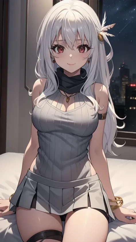 masterpiece, best quality, 1 solo girl, silver hair, red eyes, long hair, medium breasts, sexy body and face, wavy hair, smile, sleeveless sweater, scarf, black thigh-high, mini skirt, pendant, bracelet, jewelry, earrings, feather hair ornament, book, lyin...