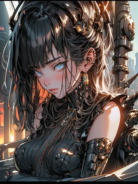 Top Quality, Masterpiece, Ultra High Resolution, ((Photorealistic: 1.4), Raw Photo, 1 cyberpunk Girl, Glossy Skin, 1 Mechanical Girl, (Ultra Realistic Details)), mechanical limbs, tubes connected to the mechanical parts, mechanical vertebrae attached to th...