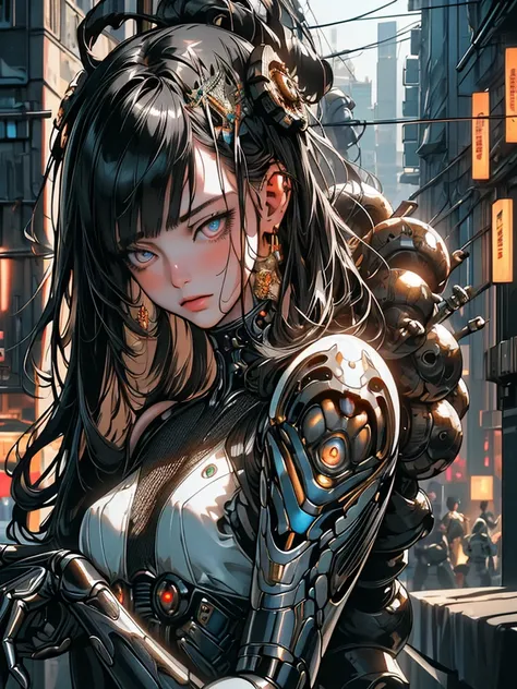 Top Quality, Masterpiece, Ultra High Resolution, ((Photorealistic: 1.4), Raw Photo, 1 cyberpunk Girl, Glossy Skin, 1 Mechanical Girl, (Ultra Realistic Details)), mechanical limbs, tubes connected to the mechanical parts, mechanical vertebrae attached to th...