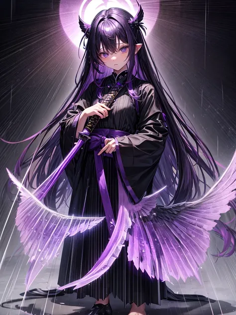 Violet long hair have violet wings black eyes wearing violet angelic dress black socks no shoes in middle of rain have dark katana in hand