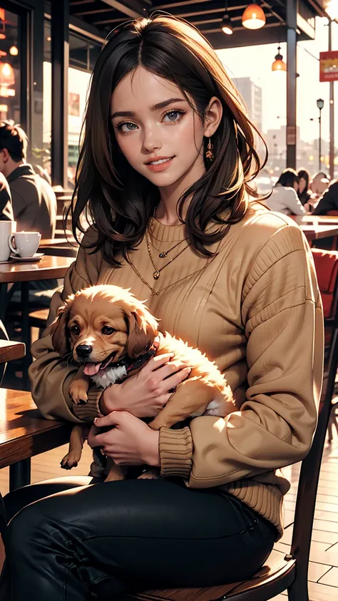 He is wearing a brown sweater and sitting in a cafe drinking coffee、A cute girl with long black straight hair, brown eyes and a round face, sunset, Smiling with no bangs and showing teeth, Holding a poodle puppy in her arms