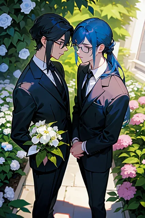 A garden full of blooming flowers、Two friendly young men in suits、One of them has blue hair and a handsome face.、The other wears black-rimmed glasses and has long black hair tied back.。The black-haired one is taller。Both are handsome。