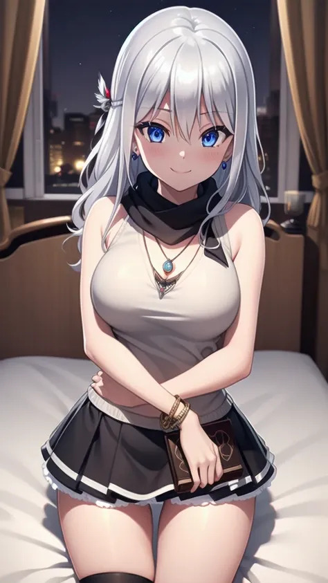 masterpiece, best quality, 1 solo girl, silver hair, blue eyes, long hair, medium breasts, sexy body and face, wavy hair, smile, sleeveless sweater, scarf, black thigh-high, mini skirt, pendant, bracelet, jewelry, earrings, feather hair ornament, book, lyi...