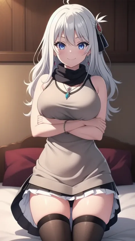 masterpiece, best quality, 1 solo girl, silver hair, blue eyes, long hair, medium breasts, sexy body and face, wavy hair, smile, sleeveless sweater, scarf, black thigh-high, mini skirt, pendant, bracelet, jewelry, earrings, feather hair ornament, book, lyi...