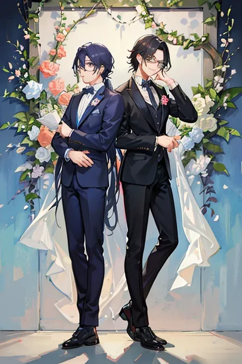 A garden full of blooming flowers、Two friendly young men in suits、One of them has blue hair and a handsome face.、The other wears black-rimmed glasses and has long black hair tied back.。The black-haired one is taller。Both are handsome。