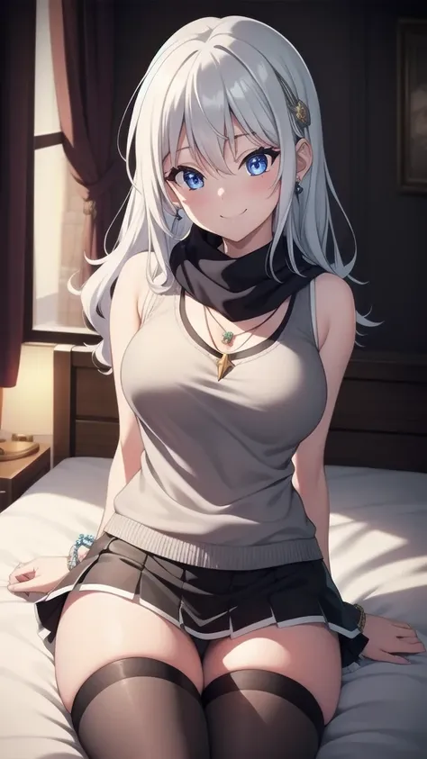 masterpiece, best quality, 1 solo girl, silver hair, blue eyes, long hair, medium breasts, sexy body and face, wavy hair, smile, sleeveless sweater, scarf, black thigh-high, mini skirt, pendant, bracelet, jewelry, earrings, feather hair ornament, book, lyi...