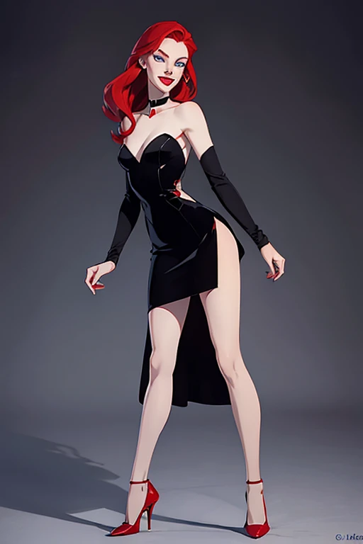 (full body:1.4), Tall, slender ((redhead)) woman of Irish descent. (pale:1.3)complexion. blue eyes, cute butt, nice legs. Kind eyes, cute (smile). red lipstick, choker, black lace cocktail dress, fancy heels. Elegant  evening wear. Classy Jazz club.