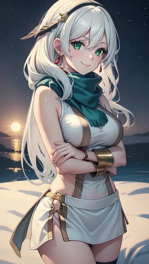 masterpiece, best quality, 1 solo girl, white hair, green eyes, long hair, medium breasts, sexy body and face, wavy hair, smile, sleeveless sweater, scarf, black thigh-high, mini skirt, pendant, bracelet, jewelry, earrings, feather hair ornament, book, lyi...