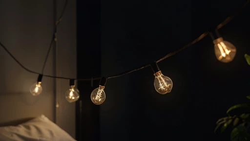 Small stringlights hanging. Dark area. High detailed. Realistic.