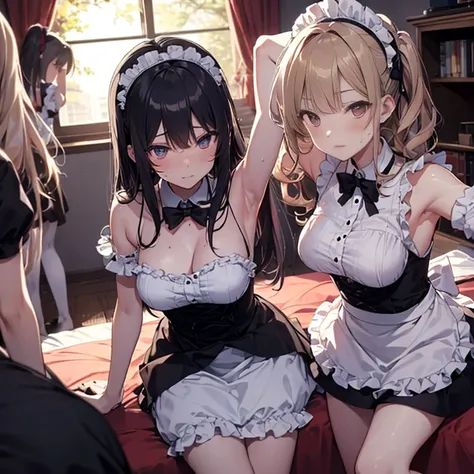 A group of  maids, (in bedroom), various hair styles, harem, night, details face, short skirt, seducing, sleeveless, sweaty armpits 