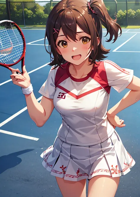 1girl, mirai kasuga, learge breasts, looking at viewer, standing, smile, laugh, open mouth, sweat, blush, tennis uniform, white ...