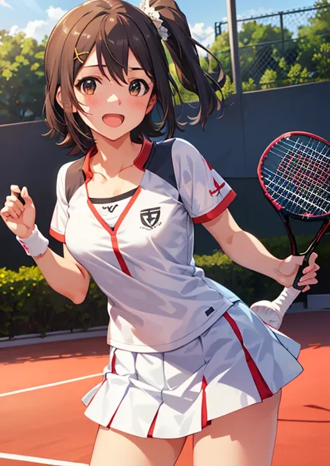 1girl, mirai kasuga, learge breasts, looking at viewer, standing, smile, laugh, open mouth, sweat, blush, tennis uniform, white ...