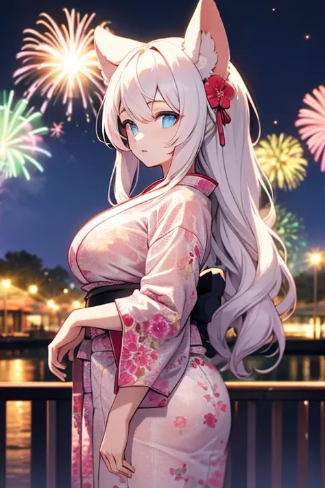 animal ears　girl　floral kimono　big breasts　see-through　night view　firework　hot dog