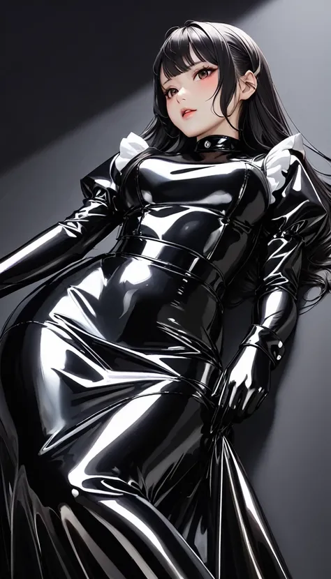 ２５Old Japanese woman、(Beautiful Face)、(Black latex maid outfit)、Black latex long skirt、Black latex long sleeve shirt、Long gloves in black latex、Latex has a very strong shine、Diagonal Composition