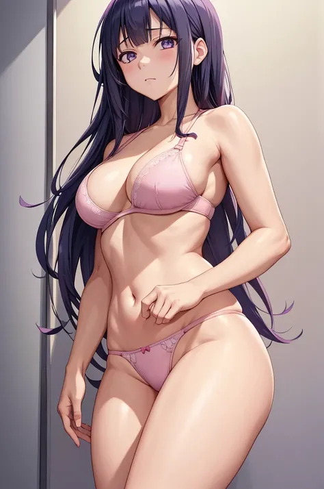 1girl, 1girl hinata full body, Hinata Hyuga, Hinata Hyuga naruto shippuden, hyuga hinata, (anime: naruto), adorable, female body, perfect body, fullbody, lavender gentle eyes, dark blue hair, dark blue long hair, beautiful, perfect body, wearing: pink pant...