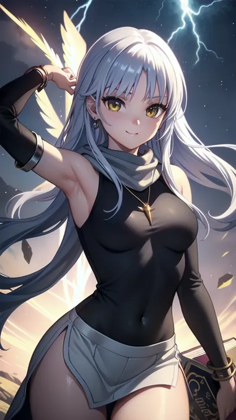 masterpiece, best quality, 1 solo girl, silver hair, yellow eyes, long hair, medium breasts, sexy body and face, wavy hair, smile, sleeveless sweater, scarf, black thigh-high, mini skirt, pendant, bracelet, jewelry, earrings, feather hair ornament, book, l...