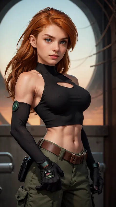 (Muscular:1.1), Kim Possible wearing (Orange-red hair, green eyes, confident expression, black crop top, black gloves, brown belt, green cargo pants:1.1), bokeh, (freckles:0.8), upper body view, bokeh, detailed eyes, (athletic body:1.0), (muscular body:1.1...