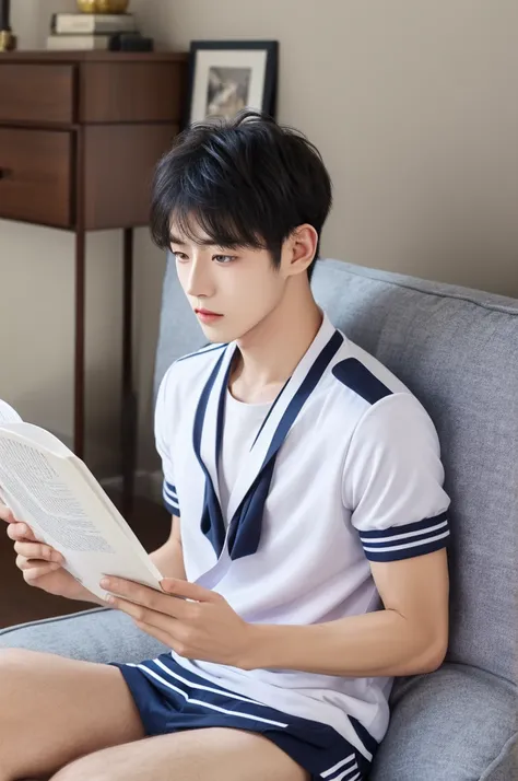 ((man))，Mature，university student，Black short hair，Purple Eyes，White sailor suit，Short sleeve，living room，Bow your head，Sitting and reading，Gentle，