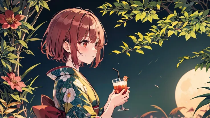 【highest quality, Tabletop】 [girl, kimono, Red eyes, profile, Wavy short hair, Brown Hair, Upper Body] (moon, Greenish foliage),  Japan drinks alcohol, Sweat, Long eyelashes, alone, firework