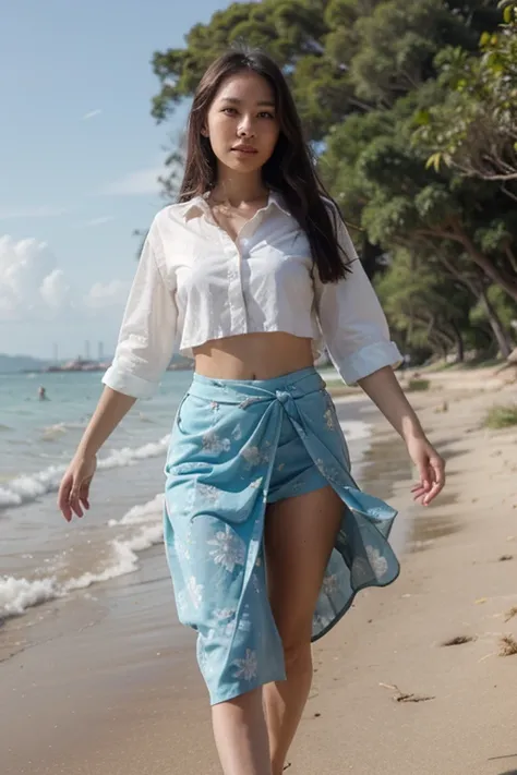 Beautiful Thai woman with long hair wearing a blue and white sarong. Cute white shirt with shaking sleeves Walking along the Trang beach beautiful blue sky