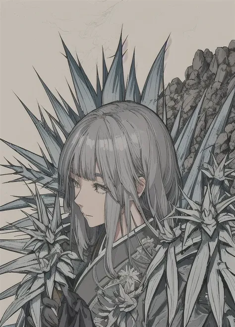 Close-up photo of a Japanese woman holding an agave, Mountainous Regions,Gray Hair