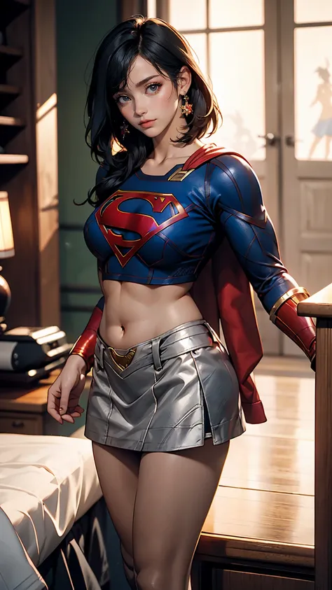 Supergirl, mini skirt, sexy, Long straight black hair, sexy, Japanese, 胸が見えるSupergirlスーツ, Belly button