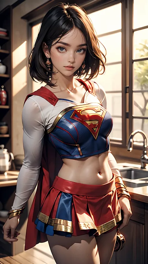 Supergirl, mini skirt, sexy, Long straight black hair, sexy, Japanese, 胸が見えるSupergirlスーツ, Belly button