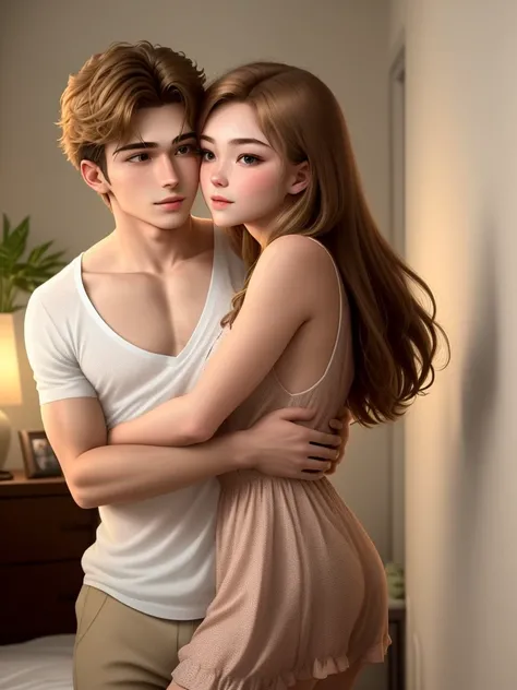 Man and woman, at bedroom aggressive kissing kiss, staring intently to eyes. No one look at front. Man Hugging woman from back and kissing, Lovers. Hand on the waist. Hand on the neck. Hand on the face. 
20-year-old boy and 18-year-old girl. Detailed face,...