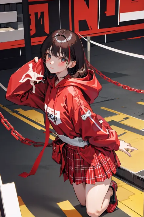 ，（​masterpiece，Highest Quality），Light Red Sheer Hoodie，plaid skirts，A dark-haired