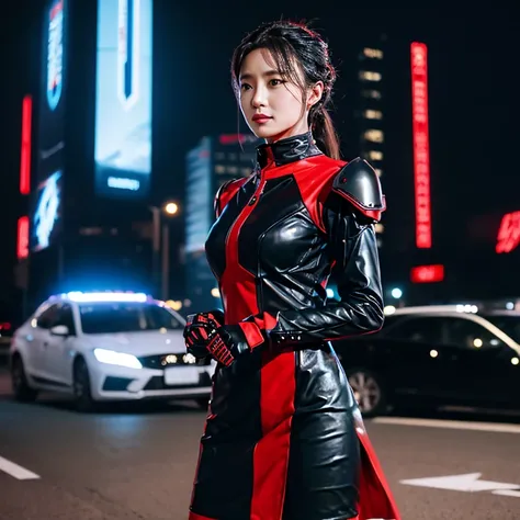 There was a woman dressed in dark red and black leather.,) Outdoors, at night, the light is warm.,) 8k Photos, Shot with a high quality Fuji 45 camera.,000,000 pixels, open aperture, warm light,) In a red and black outfit, Wear tight clothing., Photo of a ...