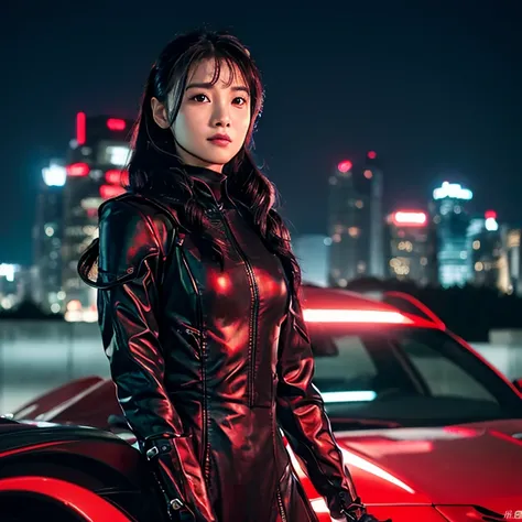 There was a woman dressed in dark red and black leather.,) Outdoors, at night, the light is warm.,) 8k Photos, Shot with a high quality Fuji 45 camera.,000,000 pixels, open aperture, warm light,) In a red and black outfit, Wear tight clothing., Photo of a ...