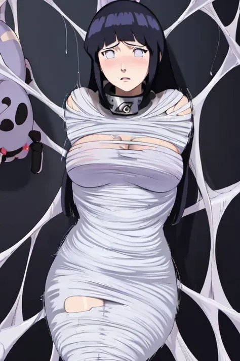 masterpiece, best quality, 1girl, solo, looking at viewer, hinata(shippuden), length hair, floating hair，large breasts , breasts out,  (arms behind back:1.4), hanging,spiders in the web,long spider, Hinata, desperate，struggle, entangled, embarassed face, d...