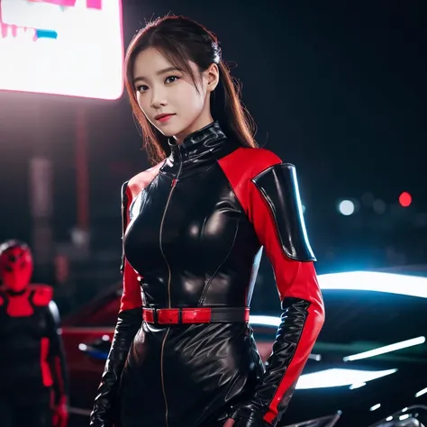 There was a woman dressed in dark red and black leather.,) Outdoors, at night, the light is warm.,) 8k Photos, Shot with a high quality Fuji 45 camera.,000,000 pixels, open aperture, warm light,) In a red and black outfit, Wear tight clothing., Photo of a ...