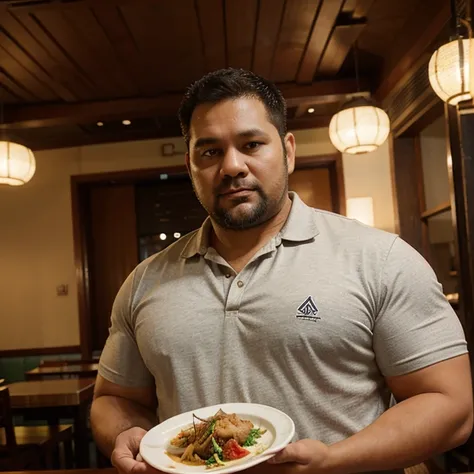 Draw a picture of a large 35 year old man holding a serving plate in his hand. Padang restaurant restaurant work clothes, the shirt says "Padang Jaya" background in a Padang Jaya restaurant