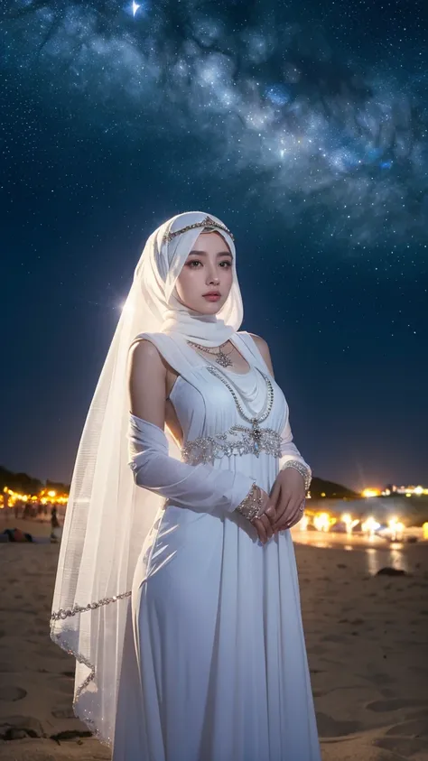 There is a goddess in a white hijab and veil, wear a saphire necklace, ((an outstanding scene of full moon on a beach Night time starry night as a background)), long hair, (detailed detail, ultra sharp, best quality, masterpiece), 