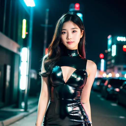 25 year old young woman, wearing black leather Wear a sexy tight leather outfit.,)  Chest size three 16 inches “Cyberpunk black is the most fashionable. Outdoors, at night, warm light.,) 8k Photos, Shot with a high quality Fuji 45 camera.,000,000 pixels, o...