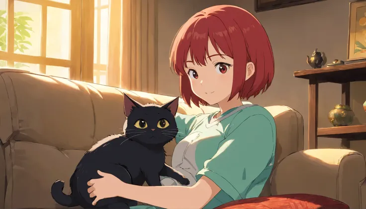 A 20-year-old girl with red bob hair and a black kitten are sitting on the sofa together and watching TV。The black kitten curled up on her lap、She stroked it gently、He looked satisfied and happy.。
