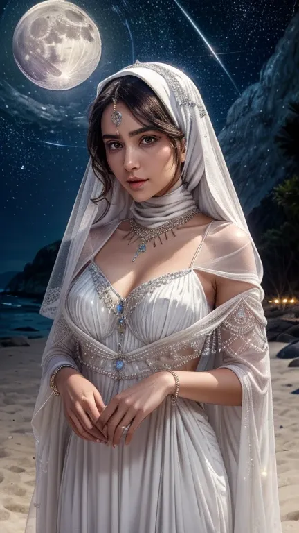 There is a goddess in a white hijab and veil, wear a saphire necklace, ((an outstanding scene of full moon on a beach Night time starry night as a background)), long hair, (detailed detail, ultra sharp, best quality, masterpiece), 