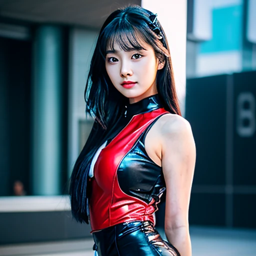 25 year old young woman, wearing black leather Wear a sexy tight leather outfit.,)  Chest size 36 inches “Cyberpunk black is the most fashionable. Outdoors, at night, warm light.,) 8k Photos, Shot with a high quality Fuji 45 camera.,000,000 pixels, open ap...