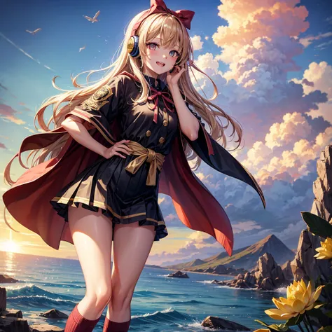 Pink gold golden hair、Golden Eyes、One good looking girl、solo、anime、Checkered mini skirt、The skirt has buttons、Red T-shirt、Cape、Gothic、Black knee-high socks、Wearing headphones、Wearing a ribbon、Ribbon on waist、Tilting face、Teeth are visible、Sunset sky、Water ...