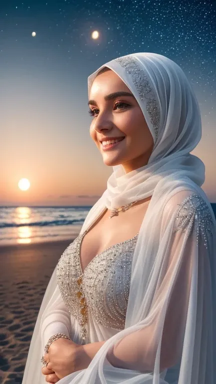 There is a goddess in a white hijab and veil, wear a saphire necklace, detailed face and smile, ((an outstanding scene of fullmoon on a beach Night time starry night as a background)), (detailed detail, ultra sharp, best quality, masterpiece), 