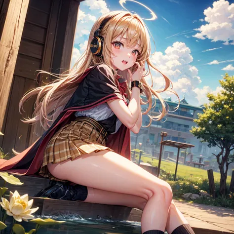 Pink gold golden hair、Golden Eyes、One good looking girl、solo、anime、Checkered mini skirt、Ruffles on the skirt、Red T-shirt、Cape、Gothic、Black knee-high socks、Wearing headphones、Wearing a ribbon、Ribbon on waist、Tilting face、Teeth are visible、Sunset sky、Water M...