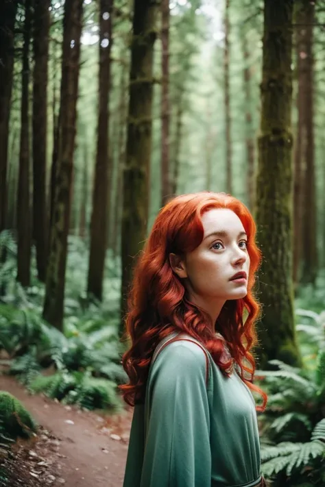 arafed woman with red hair, hyper realistic film photography, in forest
