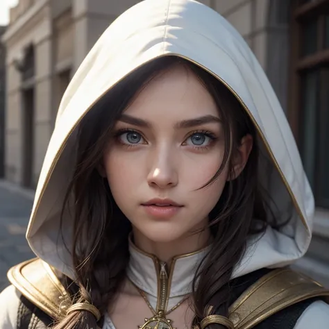 A full-body shot of Princess Zelda, brown hair, blue eyes, dressed as an Assassin from Assassins Creed, in white+gold witha white mask and hood with gold details, XL bust, using a wrist blade. Background: A city during the renaissance period. Unreal Engine...