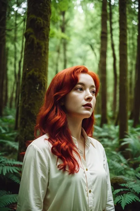 arafed woman with red hair, hyper realistic film photography, in forest
